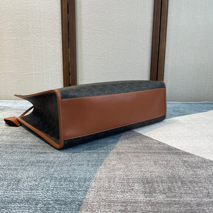 CELINE 25S HORIZONTAL CABAS 43MM IN BLACK TRIOMPHE CANVAS AND TAN BROWN CALFSKIN
