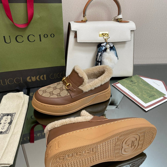 GG LOAFER IN PEANUT BROWN JACQUARD AND CHOCOLATE BROWN CALFSKIN WITH BEIGE WOOL LINING