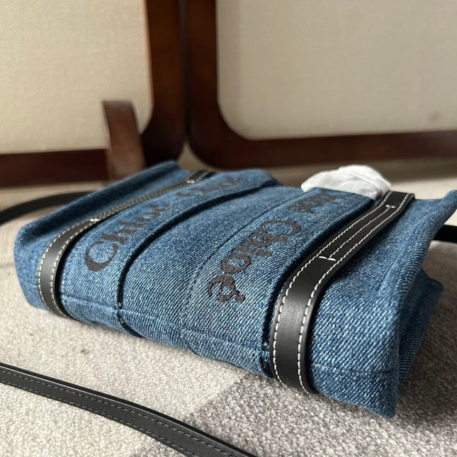 MINI WOODY TOTE BAG 20 IN BLUE DENIM BLACK CALFSKIN