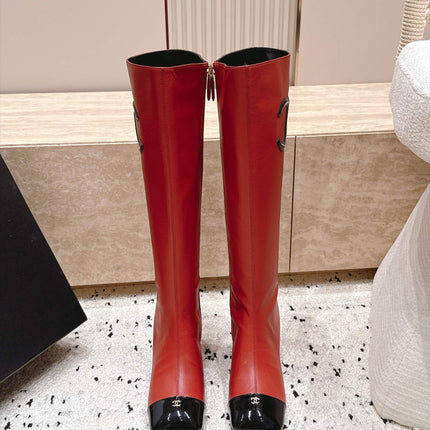 CHANEL 26S KNEE HIGH BOOTS 70 MM IN RED CALFSKIN AND BLACK PATENT