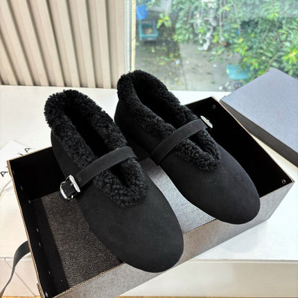 ALAIA 26S SHEARLING-LINED MARY JANE FLATS IN BLACK SUEDE