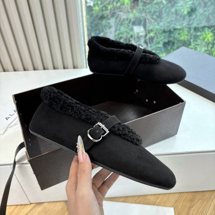 ALAIA 26S SHEARLING-LINED MARY JANE FLATS IN BLACK SUEDE