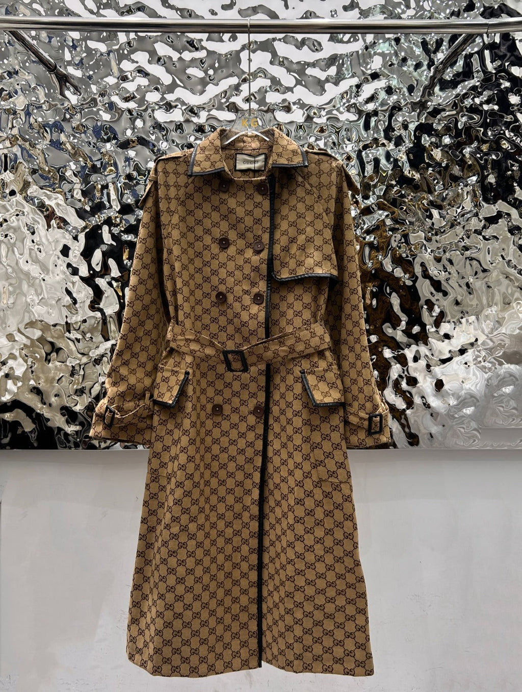 JACQUARD COTTON-BLEND CANVAS TRENCH COAT WITH LEATHER TRIM