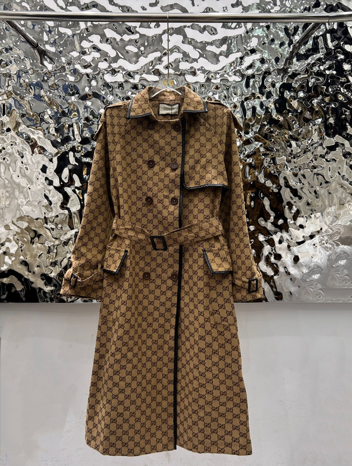JACQUARD COTTON-BLEND CANVAS TRENCH COAT WITH LEATHER TRIM