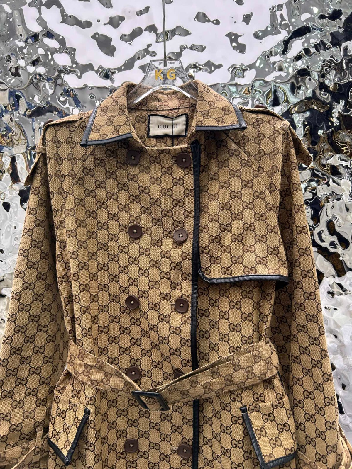 JACQUARD COTTON-BLEND CANVAS TRENCH COAT WITH LEATHER TRIM