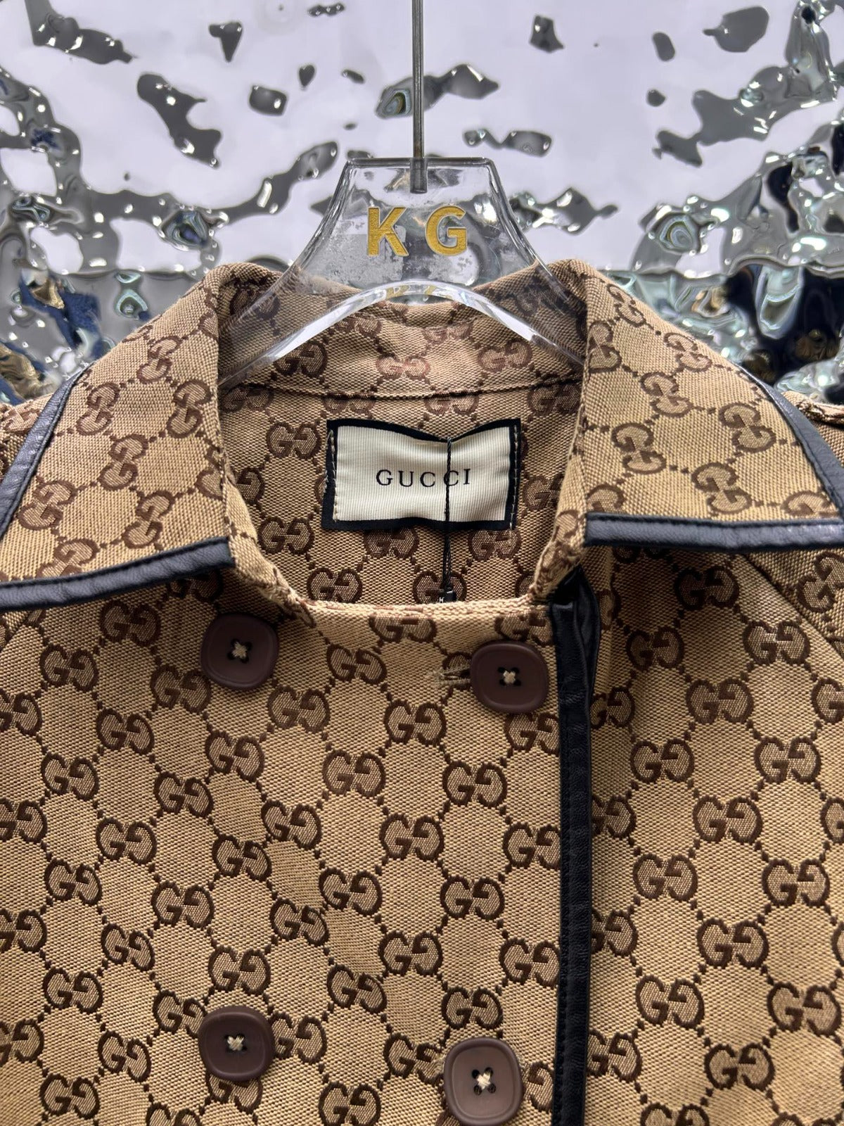 JACQUARD COTTON-BLEND CANVAS TRENCH COAT WITH LEATHER TRIM