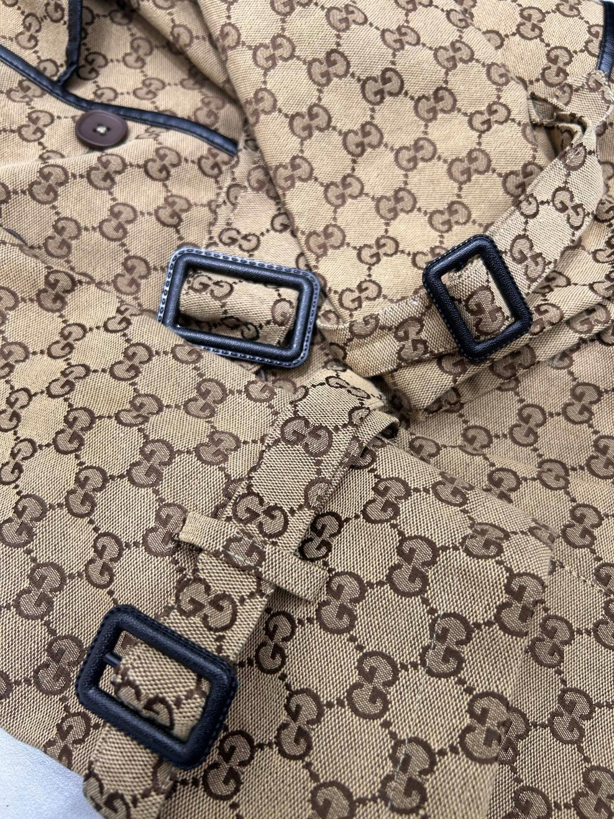 JACQUARD COTTON-BLEND CANVAS TRENCH COAT WITH LEATHER TRIM