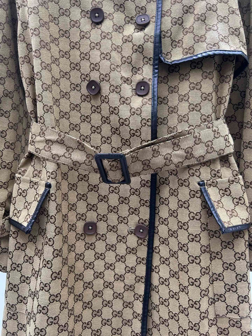 JACQUARD COTTON-BLEND CANVAS TRENCH COAT WITH LEATHER TRIM