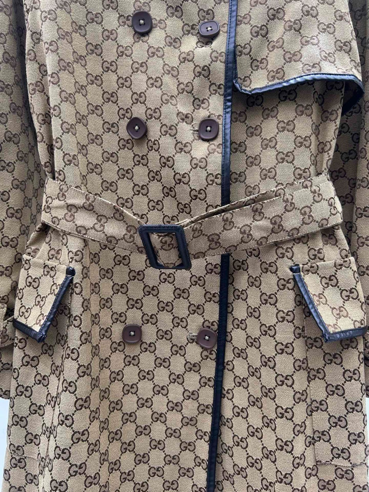 JACQUARD COTTON-BLEND CANVAS TRENCH COAT WITH LEATHER TRIM
