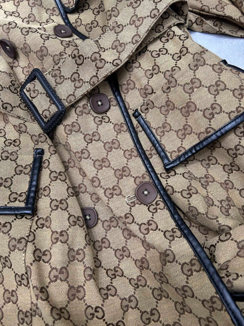 JACQUARD COTTON-BLEND CANVAS TRENCH COAT WITH LEATHER TRIM