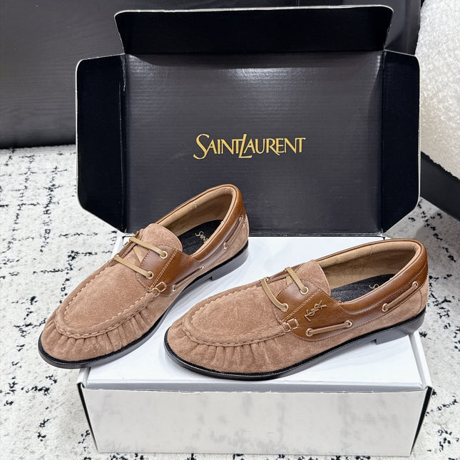 YSL 26S LOAFERS IN NUDE BROWN SUEDE & CALFSKIN WITH HORIZONTAL STRAP