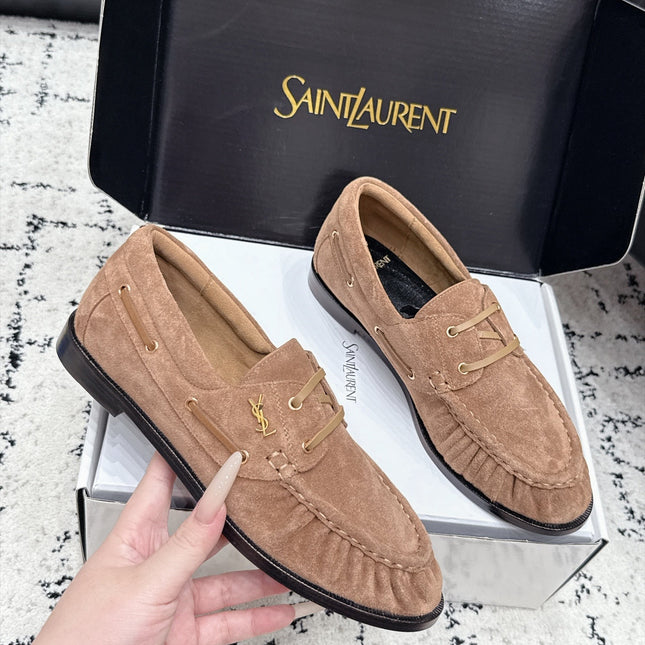 YSL 26S LOAFERS IN NUDE BROWN SUEDE WITH HORIZONTAL STRAP