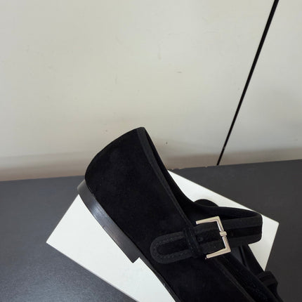 THE ROW 26S MARY JANE BALLET FLATS IN BLACK SUEDE WITH SILVER HARDWARE