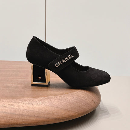 CHANEL 26S MARY JANE BLOCK HEEL PUMPS 80 MM IN BLACK SUEDE