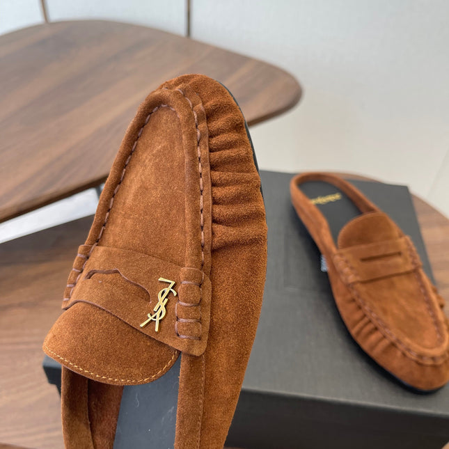YSL 26S LOAFER MULES IN BURNT ORANGE BROWN SUEDE