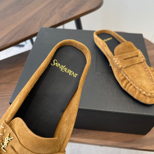YSL 26S LOAFER MULES IN CAMEL BROWN SUEDE