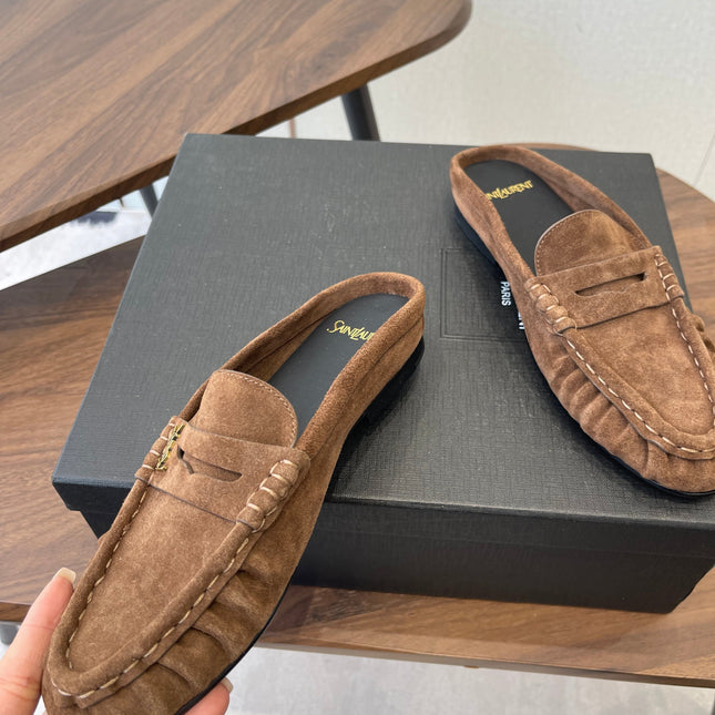 YSL 26S LOAFER MULES IN BROWN SUEDE
