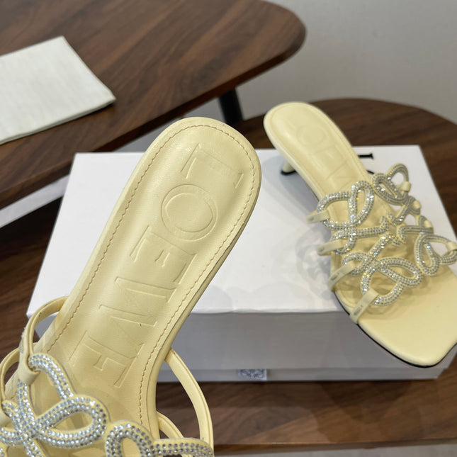 LOEWE 26S HIGH HEEL SANDALS IN LIGHT YELLOW CALFSKIN WITH CRYSTALS