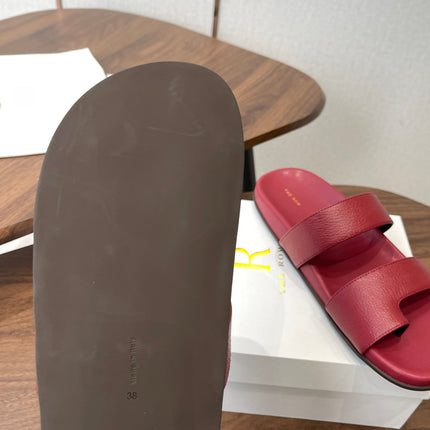 THE ROW 26S DOUBLE STRAP TOE LOOP SLIDE SANDALS IN DARK RED CALFSKIN