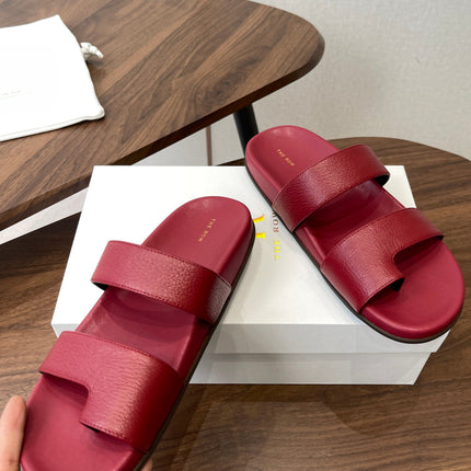 THE ROW 26S DOUBLE STRAP TOE LOOP SLIDE SANDALS IN DARK RED CALFSKIN