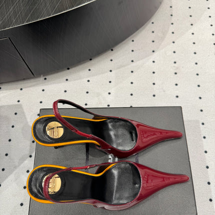 YSL 26S POINTED-TOE SLINGBACK HEELS 105 MM IN DARK RED AND ORANGE PATENT CALFSKIN
