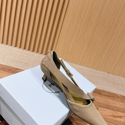 PRADA 26S SLINGBACK KITTEN HEELS 45MM IN LIGHT BROWN FABRIC STRAP BUCKLE