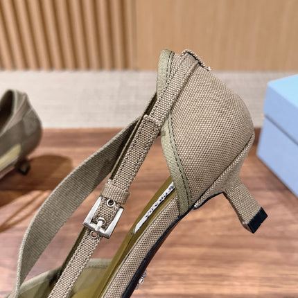 PRADA 26S SLINGBACK KITTEN HEELS 45MM IN LIGHT BROWN FABRIC STRAP BUCKLE