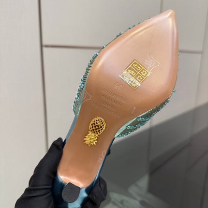 AQUAZZURA 26S HEEL MULES 85 MM IN METALLIC LIGHT BLUE SEQUIN AND CALFSKIN