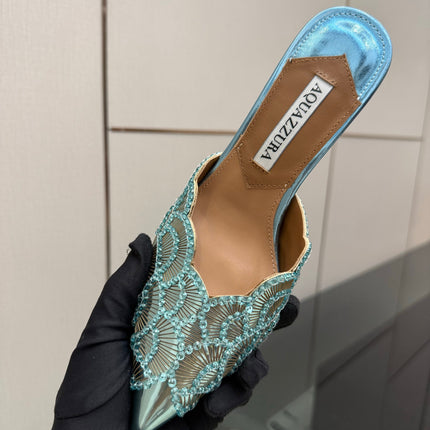 AQUAZZURA 26S HEEL MULES 85 MM IN METALLIC LIGHT BLUE SEQUIN AND CALFSKIN