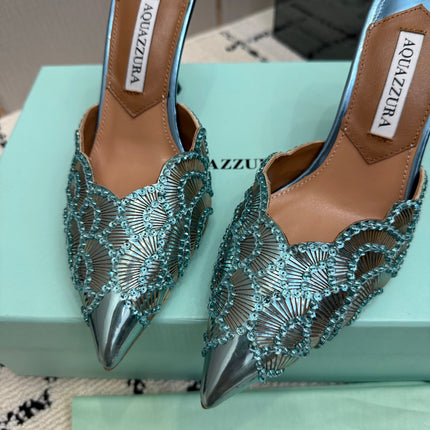 AQUAZZURA 26S HEEL MULES 85 MM IN METALLIC LIGHT BLUE SEQUIN AND CALFSKIN