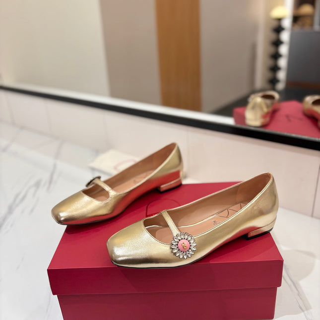 VALENTINO 26S MARY JANE FLATS IN METALLIC GOLD CALFSKIN WITH CRYSTAL FLOWER