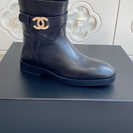 CHANEL 26S SHORT RIDING BOOTS IN BLACK CALFSKIN GOLD TONE CC LOGO BUCKLE STRAP