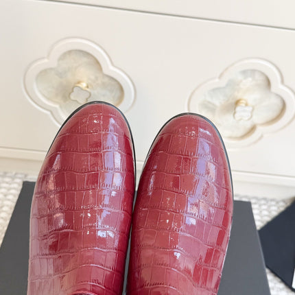 CHANEL 26S SHORT BOOTS IN RED PATENT CROCODILE EMBOSSED