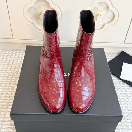 CHANEL 26S SHORT BOOTS IN RED PATENT CROCODILE EMBOSSED