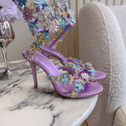 RENE CAOVILLA 26S HEEL SANDALS 95 MM IN METALLIC PURPLE LAMBSKIN CRYSTAL FLOWER EMBELLISHMENTS