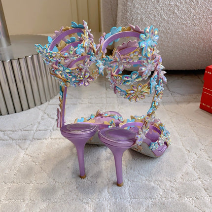 RENE CAOVILLA 26S HEEL SANDALS 95 MM IN METALLIC PURPLE LAMBSKIN CRYSTAL FLOWER EMBELLISHMENTS