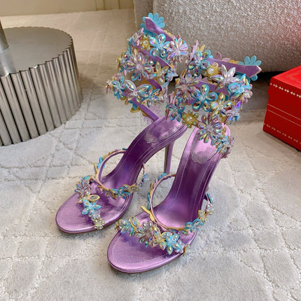 RENE CAOVILLA 26S HEEL SANDALS 95 MM IN METALLIC PURPLE LAMBSKIN CRYSTAL FLOWER EMBELLISHMENTS