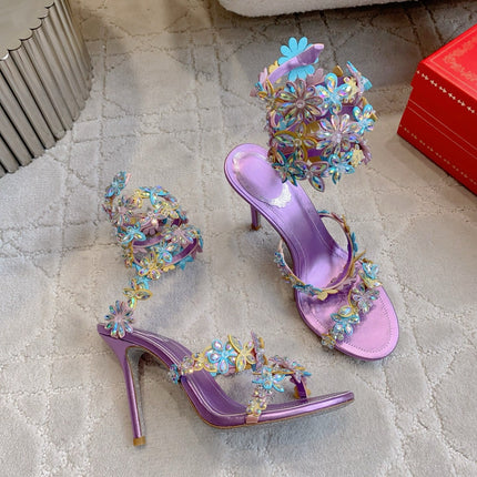 RENE CAOVILLA 26S HEEL SANDALS 95 MM IN METALLIC PURPLE LAMBSKIN CRYSTAL FLOWER EMBELLISHMENTS