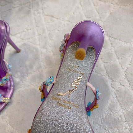 RENE CAOVILLA 26S HEEL SANDALS 95 MM IN METALLIC PURPLE LAMBSKIN CRYSTAL FLOWER EMBELLISHMENTS