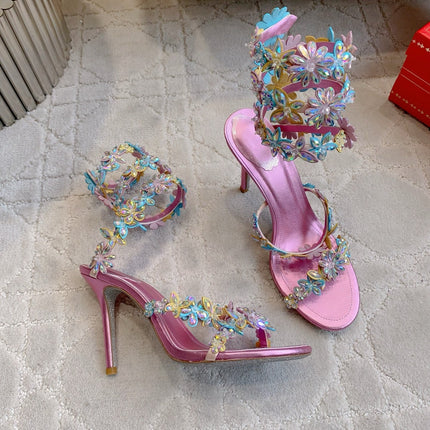 RENE CAOVILLA 26S HEEL SANDALS 95 MM IN METALLIC PINK LAMBSKIN CRYSTAL FLOWER EMBELLISHMENTS
