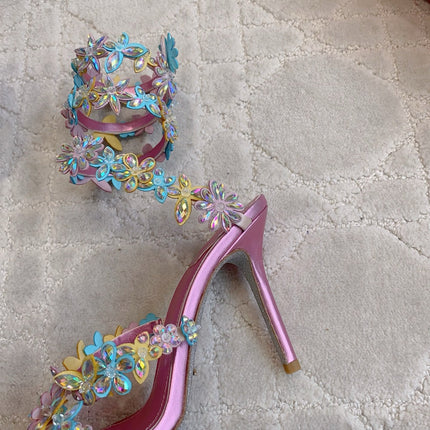 RENE CAOVILLA 26S HEEL SANDALS 95 MM IN METALLIC PINK LAMBSKIN CRYSTAL FLOWER EMBELLISHMENTS