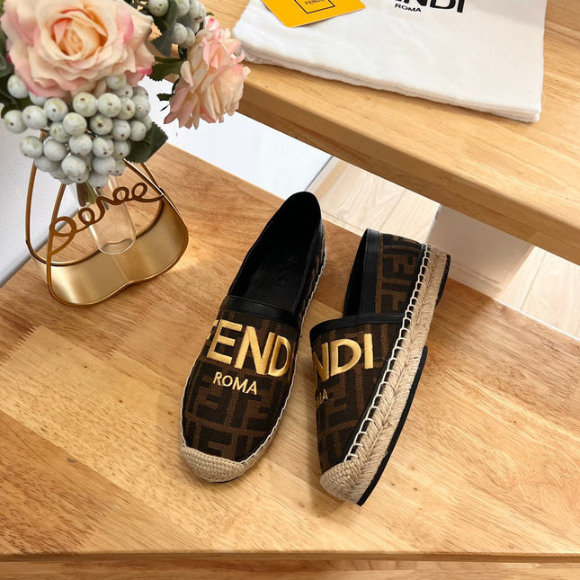 FENDI 26S ESPADRILLE LOAFERS IN DARK BROWN AND BLACK CANVAS STYLE 2