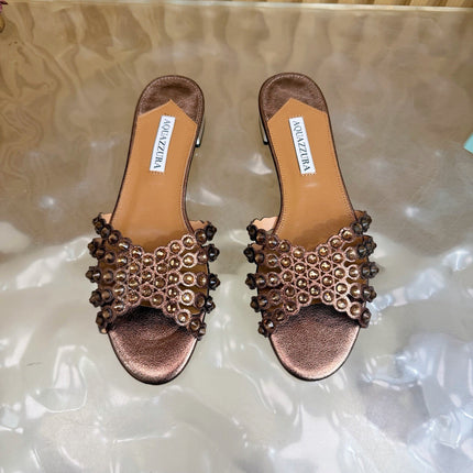 AQUAZZURA 26S SLIDES IN BRONZE CALFSKIN