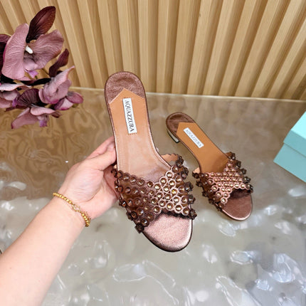 AQUAZZURA 26S SLIDES IN BRONZE CALFSKIN