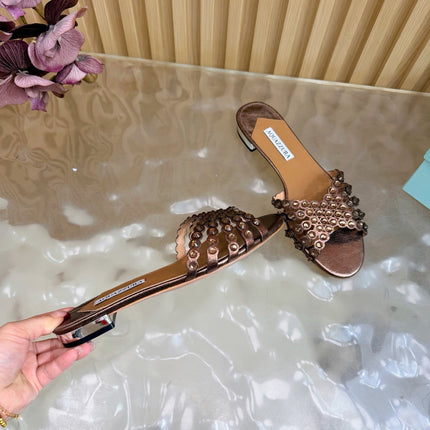 AQUAZZURA 26S SLIDES IN BRONZE CALFSKIN
