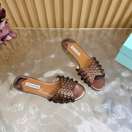 AQUAZZURA 26S SLIDES IN BRONZE CALFSKIN