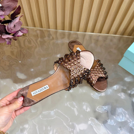 AQUAZZURA 26S SLIDES IN BRONZE CALFSKIN