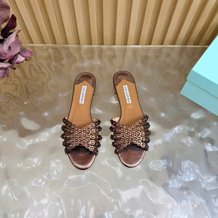 AQUAZZURA 26S SLIDES IN BRONZE CALFSKIN