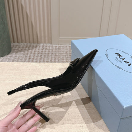 PRADA 26S POINTED-TOE SLINGBACK HEELS 75MM IN BLACK PATENT CALFSKIN