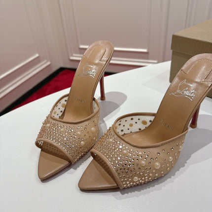 CHRISTIAN LOUBOUTIN 26S HEELED SANDALS 100 MM IN BEIGE RHINESTONE MESH STYLE 4